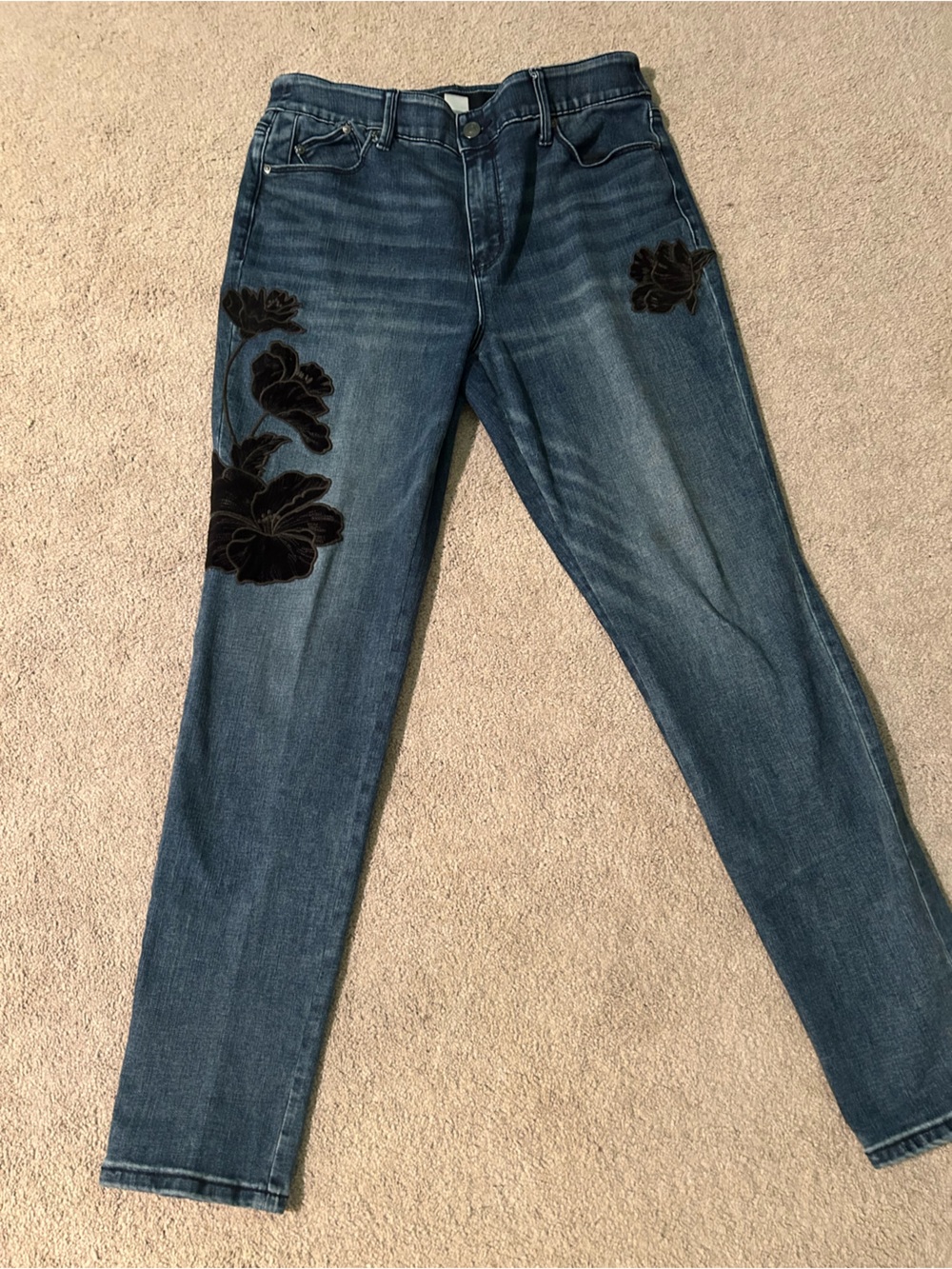 Chico's Dark Blue Straight Leg Jeans with Black Floral Velvet Appliqué